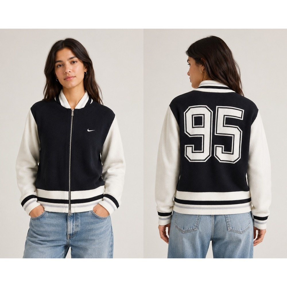 Nike Varsity‎ Knit Jacket Womens XL Black White Oversized 95 Bomber Streetwear
